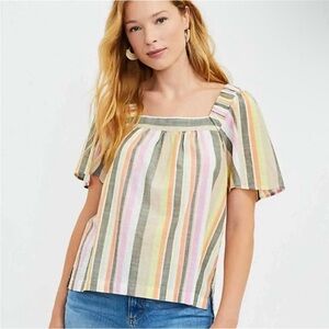 Loft Rainbow Striped Flutter Sleeve Square Neck Cotton Blouse Top size Medium